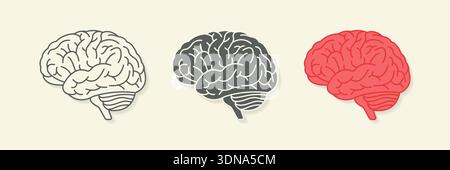 Set di icone del cervello umano per l'illustrazione vettoriale di progettazione della salute medica e mentale. Illustrazione Vettoriale