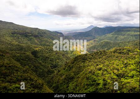 Vista panoramica sulla lussureggiante valle verde del Parco Nazionale delle Gole del fiume Nero a Mauritius Foto Stock
