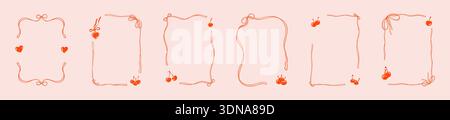 Set di telai a fiocco con nastro in ciliegio disegnato a mano. Lo schizzo rosa delinea i bordi del rettangolo con ciliegi e un ciondolo a forma di cuore. San Valentino Illustrazione Vettoriale