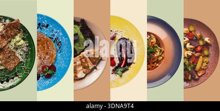 Cibo preparato in diversi piatti esposti su sfondi colorati durante un pasto Foto Stock