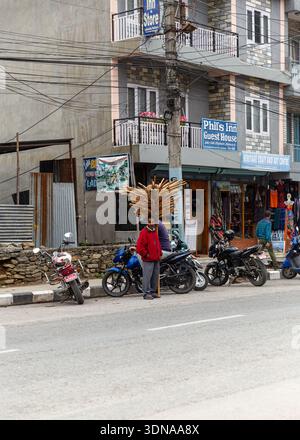 Uomo in piedi su una strada di Kathmandu che porta un grande fascio di flauti di bambù tradizionali (bansuri), simbolo della cultura musicale popolare nepalese. Foto Stock