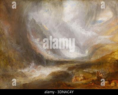 Valle d'Aosta: Tempesta di neve, valanghe e temporali di Joseph Mallord William Turner, 1836/37, raffigurante un paesaggio alpino drammatico con vette torreggianti, nuvole torreggianti e piccole figure su un fondovalle nebbioso Foto Stock
