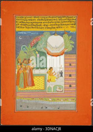 Ragini Bhairavi, pagina da un set Ragamala di Jaipur, c. 1750-1770, pittura in miniatura indiana raffigurante una donna in giallo che esegue musica in un padiglione di palazzo di notte, frequentata da musicisti donne in abiti ornati Foto Stock