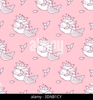 Contorno senza cuciture con cremoso gelato dolce di Guava con fette di frutta tropicale e foglie di menta su sfondo rosa. Cibo esotico estivo. Illustrazione Vettoriale