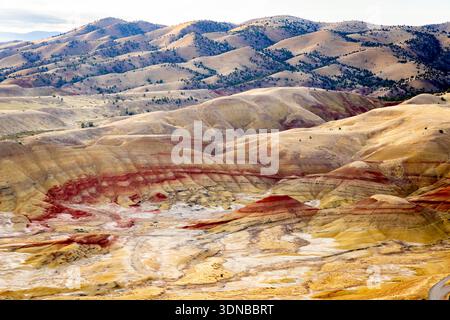 Vivida vista panoramica dei vibranti strati rossi, dorati e neri di Painted Hills da un punto di vista elevato al John Day Fossil Beds National Monument all'alba Foto Stock