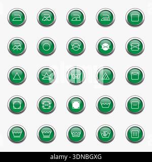 Guida alla lavanderia. Raccolta di etichette per bucato con simboli di manutenzione e istruzioni per il lavaggio. Etichette per la cura del bucato con lavaggio, asciugatura, sbiancamento, stiratura e cl Illustrazione Vettoriale