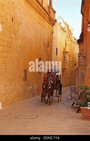 Carrozza turistica trainata da cavalli che percorre la stradina di Mdina Foto Stock
