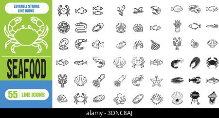 Set di icone della linea di pesce per pesci, crostacei, granchi, gamberi, aragosta, Oyster, menu del ristorante, pesca, mercato fresco, illustrazione del vettore Stroke modificabile Illustrazione Vettoriale