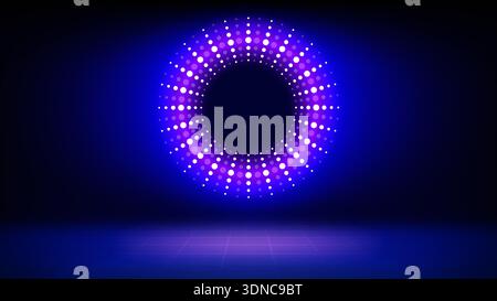 Tecnologia futuristica, sfondo blu. LED rotondo punteggiato, bagliore viola blu neon. Sfondo astratto per la visualizzazione di prodotti, presentazioni, annunci Illustrazione Vettoriale