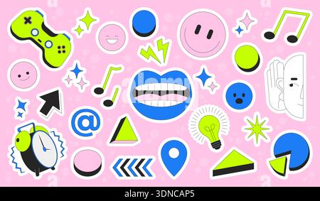 Emoji pop e foglio di adesivi colorati e colorati in metallo pressofuso Y2K retrò Illustrazione Vettoriale