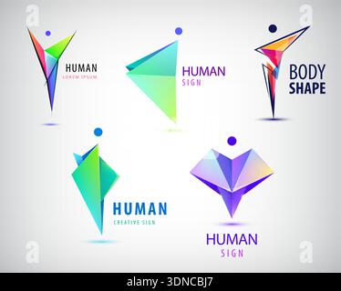 Set di loghi uomo astratti vettoriali. Stile di vita positivo e curativo, ondulato, icona umana geometrica origami 3d. Illustrazione Vettoriale