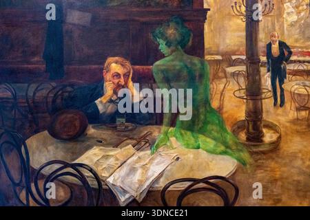 Repubblica Ceca, Boemia, Praga, centro storico patrimonio dell'umanità dell'UNESCO, quartiere Nové Mesto, Café Slavia, The Absinthe Drinker dipinto da Viktor oliva Foto Stock
