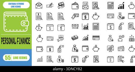 Set di icone della linea finanziaria personale per Finanza, economia, denaro, reddito, risparmio, investimenti, budget, Gestione del denaro, Banking, pianificazione finanziaria Illustrazione Vettoriale