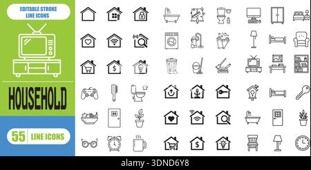 Set di icone linea domestica per elettrodomestici, elettronica, gadget da cucina, dispositivi domestici intelligenti, attrezzature per la pulizia, sistemi di intrattenimento, modificabili Illustrazione Vettoriale