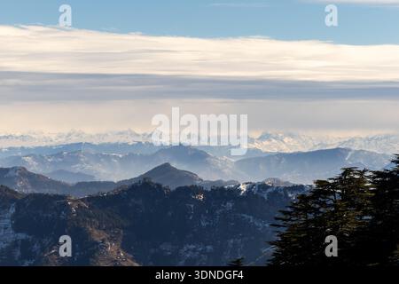 vista panoramica sul terreno secco delle montagne con aree verdi della foresta Foto Stock