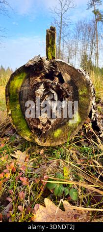 Ceppo nella foresta. Grande ceppo d'albero nella foresta estiva. Ceppo nella foresta di conifere ricoperto di erba. Albero rotto con nodi vivi. ph verticale Foto Stock