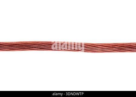 Fili in rame intrecciati intrecciati tra loro per formare un conduttore elettrico, isolato su uno sfondo bianco. Foto Stock