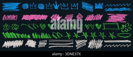 Blu, rosa, verde, giocose forme astratte di doodle in stile grunge. Scoiattolo disegnato a mano, cerchi, punti, asterischi, segni di infinito, linee ondulate e audaci. Illustrazione Vettoriale