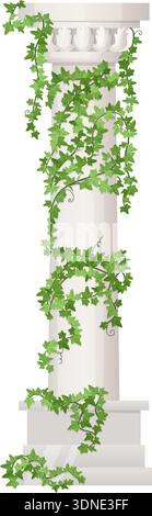 Vite che sale su colonna di pietra. Vecchio pilastro realistico isolato su sfondo bianco Illustrazione Vettoriale