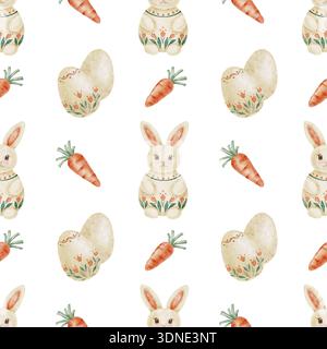 Personaggi di coniglio, uova di Pasqua e carote in beige caldo e arancio pastello come clipart di acquerello, disegno a mano senza cuciture. Ideale per abbigliamento per bambini, carta da imballaggio, inviti, poster Foto Stock
