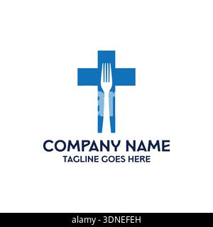 Logo Vector minimalista con croce cristiana blu integrata con forchetta da pranzo, simbolo della donazione di cibo, della sensibilizzazione e dei servizi ministeriali Illustrazione Vettoriale
