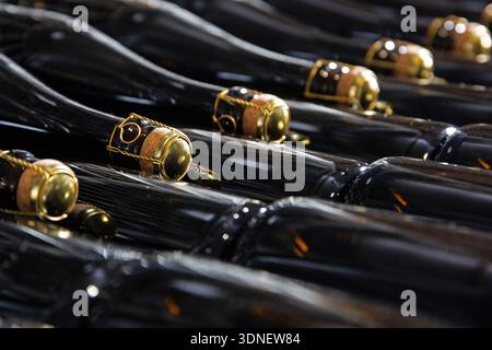 Primo piano di bottiglie di spumante che invecchiano orizzontalmente in cantina, tappi chiusi con gabbie metalliche e tappi dorati in condizioni di scarsa illuminazione. Foto Stock