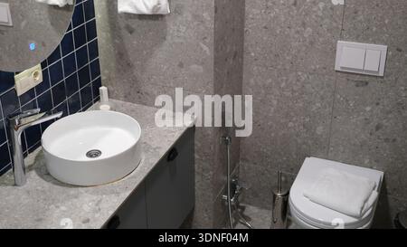 Bagno elegante con elementi di design moderni e finiture eleganti in un ambiente contemporaneo Foto Stock