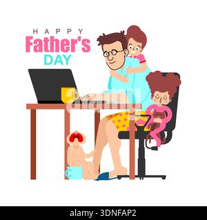 Il concetto di festa del papà. Padre freelance che lavora su un notebook con tre figli a casa. Illustrazione del lavoro in remoto, della genitorialità e dello stile di vita familiare Illustrazione Vettoriale