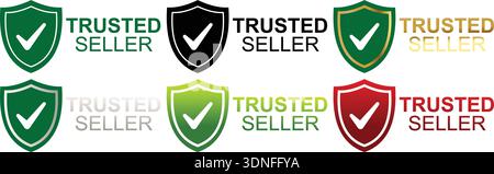 Badge di verifica del venditore fidato con simboli di scudo e segni di spunta per l'approvazione Illustrazione Vettoriale