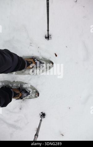 Vista dall'alto verso il basso di una persona che indossa le racchette da neve e utilizza i bastoncini da trekking mentre si è in piedi sulla neve fresca durante un'attività invernale all'aperto. Foto Stock