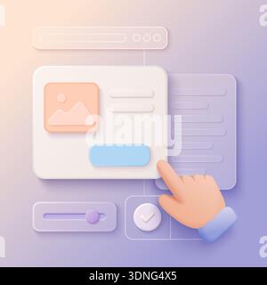 cartone animato 3d che fa clic a mano sulla scheda di interfaccia web, prototipo di progettazione ux dell'interfaccia utente moderna con pulsanti, cursore e segnaposto immagine su illustrazione vettoriale di sfondo con sfumatura morbida Illustrazione Vettoriale