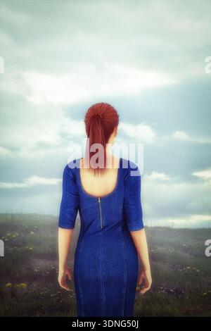 Donna che indossa un vestito blu che guarda fuori da un campo. - Illustrazione 3D. Foto Stock