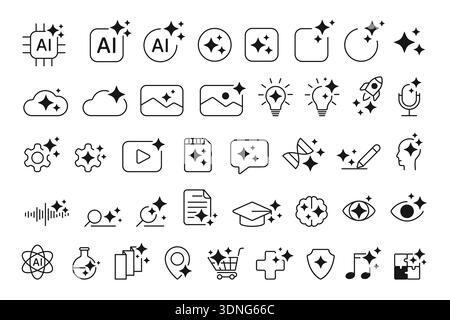 Moderna collezione di simboli con icone di intelligenza artificiale generativa con intelligenza artificiale, musica, immagine, magia, stelle scintillanti, elementi di tecnologia creativa, isolati su sfondo bianco Illustrazione Vettoriale