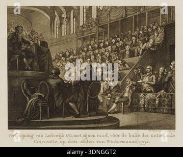 Illustrazioni storiche raffiguranti il processo di Re Luigi XVI che appare davanti alla Convenzione Nazionale, mostrando il monarca seduto con il suo consiglio di fronte a un'affollata assemblea di deputati e spettatori, di Daniel Vrydag e Reiner Vinkeles, incisione su carta, circa 1792. Foto Stock