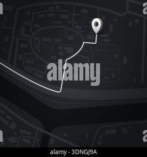 Mappa della città moderna in stile scuro che mostra le strade urbane, il percorso evidenziato e una destinazione con il simbolo GPS per la navigazione e l'illustrazione vettoriale della pianificazione del viaggio Illustrazione Vettoriale