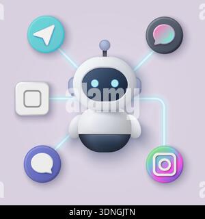 Cute robot 3d si collega a più piattaforme di social media e chat, rappresentando il concetto di automazione multicanale e tecnologia di comunicazione, moderna illustrazione vettoriale di assistente digitale Illustrazione Vettoriale