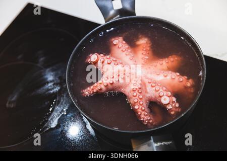 Polpo intero bollito in una pentola su una stufa di vetro, creando una scena di cucina spettacolare. L'immagine cattura la preparazione dei frutti di mare, il calore e il Foto Stock