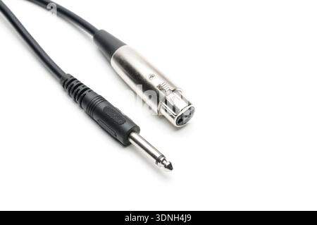 Cavo audio con connettori jack XLR e TRS per microfoni e apparecchiature audio professionali su sfondo bianco isolato Foto Stock
