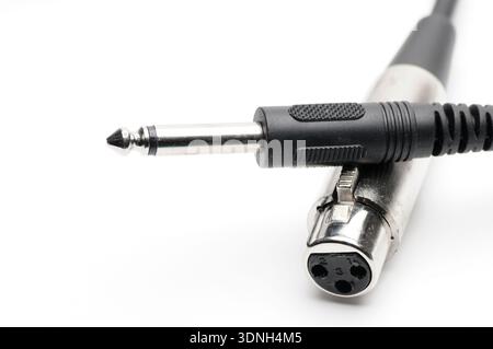 Cavo audio con connettori jack XLR e TRS per microfoni e apparecchiature audio professionali su sfondo bianco isolato Foto Stock