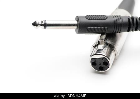 Cavo audio con connettori jack XLR e TRS per microfoni e apparecchiature audio professionali su sfondo bianco isolato Foto Stock