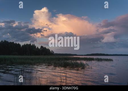 Il suggestivo tramonto serale dipinge il cielo in vivaci sfumature di rosa su un lago selvaggio isolato e una fitta foresta. Le nuvole colorate e il loro riflesso Foto Stock