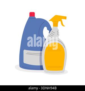 Due bottiglie di prodotti chimici per uso domestico: Ugello spray e tappo rosso che indica la natura pericolosa della sostanza chimica. Illustrazione Vettoriale