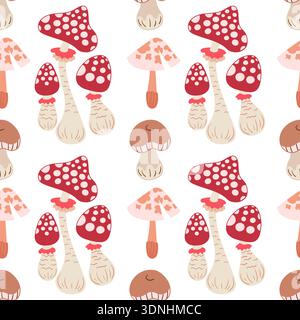 Grazioso motivo autunnale senza cuciture con funghi. Funghi da favola e agarica di mosca. Questo modello è perfetto per il design della cucina, i menu, la carta da parati, il textil Illustrazione Vettoriale