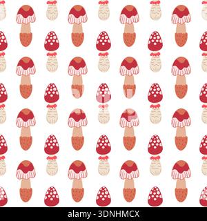 Grazioso motivo autunnale senza cuciture con funghi. Funghi da favola e agarica di mosca. Questo modello è perfetto per il design della cucina Illustrazione Vettoriale