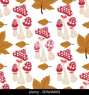 Grazioso motivo autunnale senza cuciture con funghi. Funghi da favola e agarica di mosca. Questo modello è perfetto per il design della cucina e per i menu Illustrazione Vettoriale