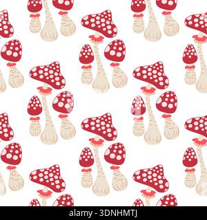 Grazioso motivo autunnale senza cuciture con funghi. Funghi da favola e agarica di mosca. Questo modello è perfetto per il design della cucina, i menu, la carta da parati, il textil Illustrazione Vettoriale