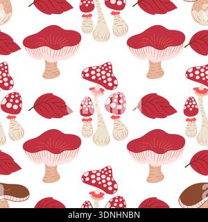 Grazioso motivo autunnale senza cuciture con funghi. Funghi da favola e agarica di mosca. Questo modello è perfetto per la cucina Illustrazione Vettoriale