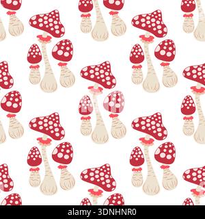Grazioso motivo autunnale senza cuciture con funghi. Funghi da favola e agarica di mosca. Questo modello è perfetto per il design della cucina, i menu, la carta da parati, il textil Illustrazione Vettoriale