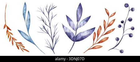 Serie di illustrazioni ad acquerello di ramoscelli secchi e erba. Motivi autunnali, tonalità dorate, blu e viola. Isolato su sfondo bianco, disegnato a mano. Per la progettazione di imballaggi, cartoline e tessuti Foto Stock