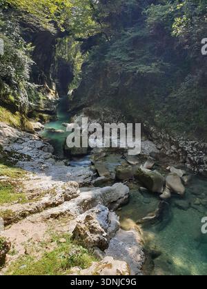Una vista ad alto angolo di un fiume turchese che si snoda attraverso un canyon roccioso di pietra calcarea con vegetazione lussureggiante e sponde di pietra baciate dal sole Foto Stock